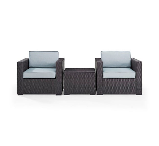 Biscayne 3 Piece Outdoor Wicker Seating Set - Two Wicker Chairs & Coffee Table, Mist
