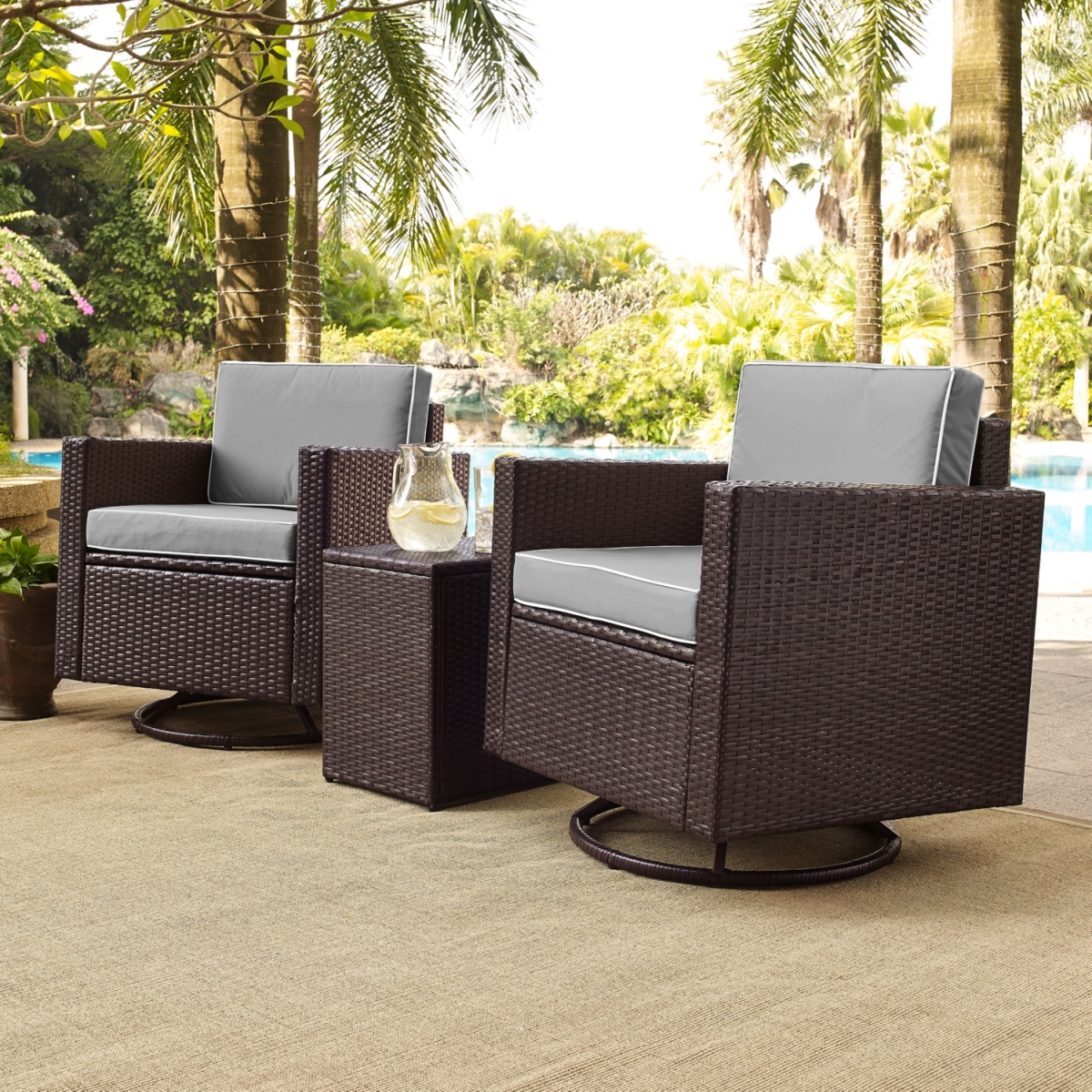 3-piece Palm Harbor Outdoor Wicker Conversation Set With Grey Cushions, Two Swivel Chairs & Side Table