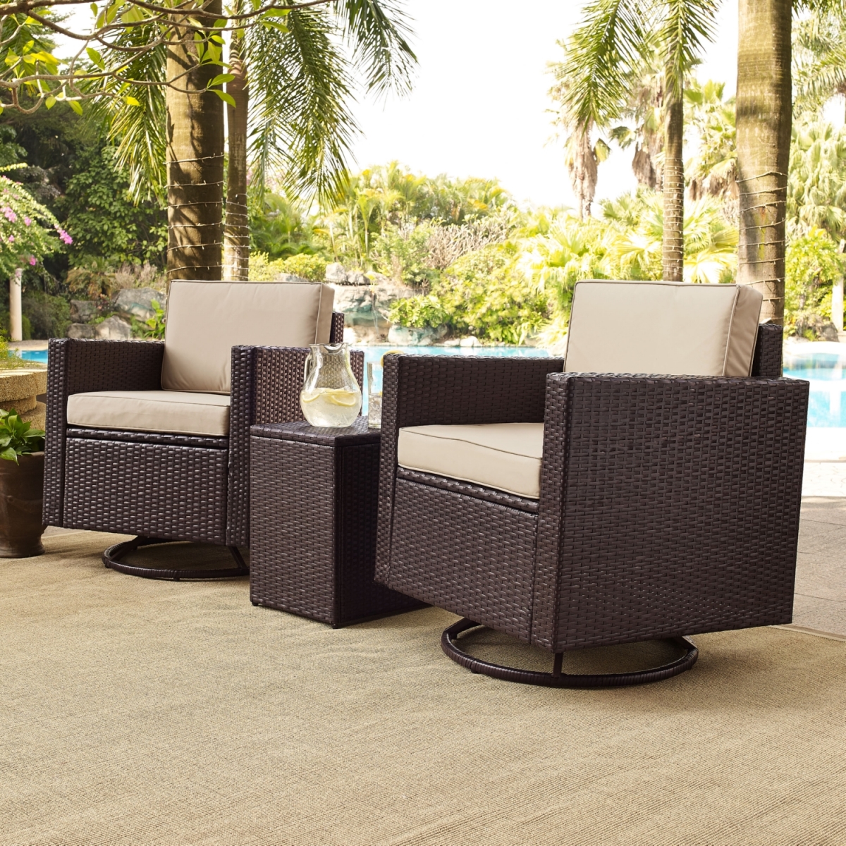Ko70058br-sa 3-piece Palm Harbor Outdoor Wicker Conversation Set With Sand Cushions, Two Swivel Chairs & Side Table