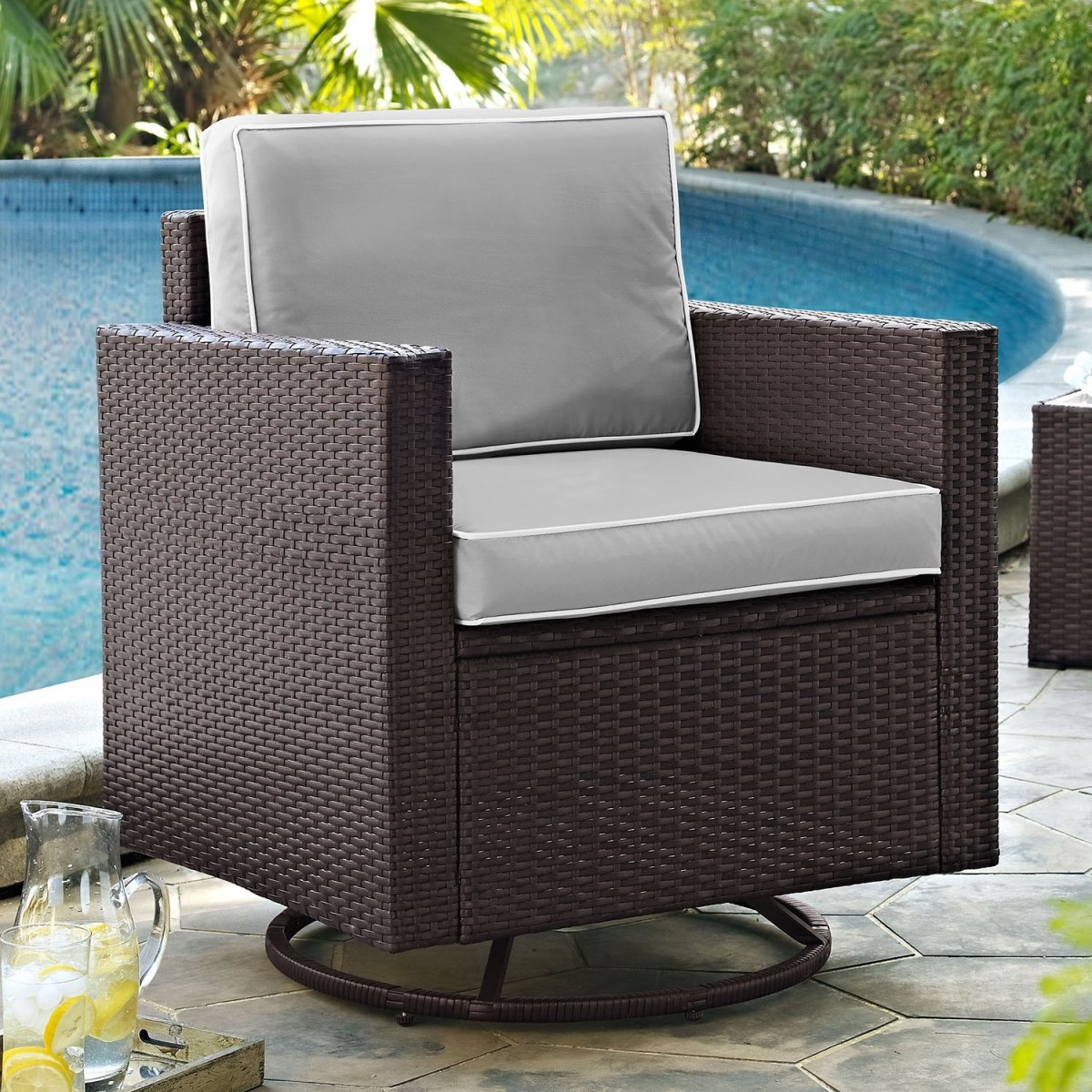 Ko70094br-gy Palm Harbor Outdoor Wicker Swivel Rocker Chair With Grey Cushions