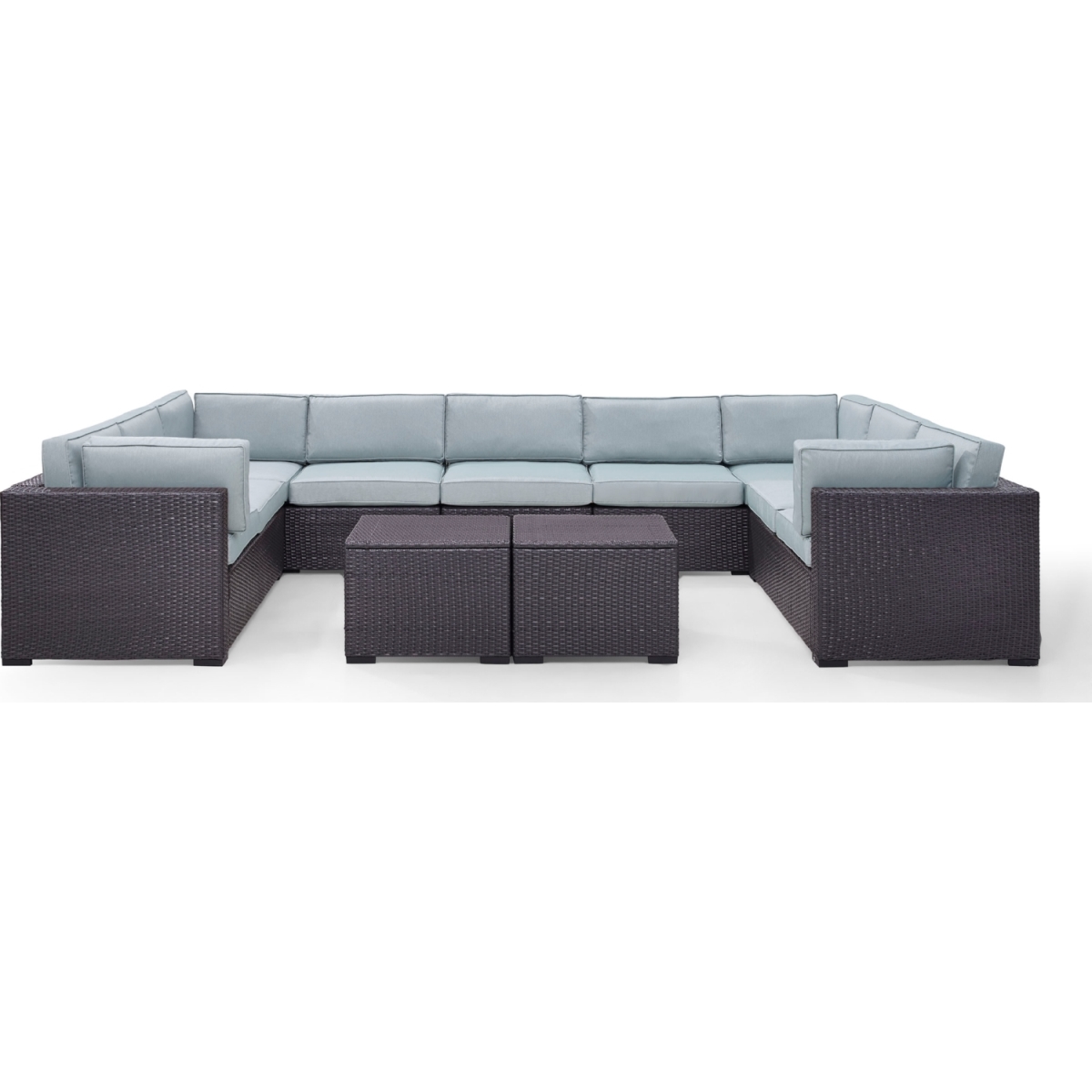 Ko70112br-mi Biscayne 9 Person Outdoor Wicker Seating Set, Mist - Four Loveseats, One Armless Chair, Two Coffee Tables