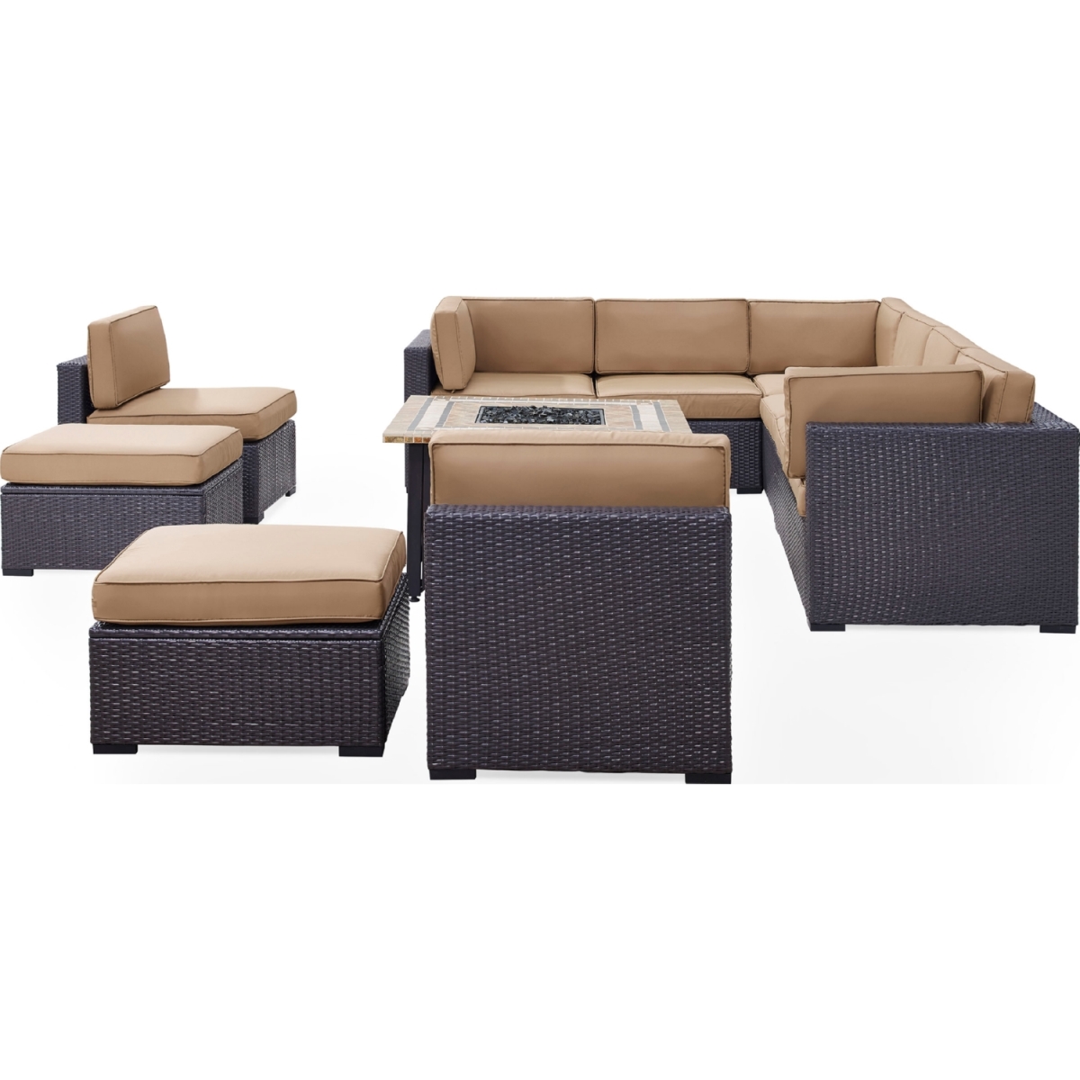 Biscayne 10 Person Outdoor Wicker Seating Set, Mocha - Three Loveseats, Two Armless Chairs, Two Ottomans, Tucson Firetable