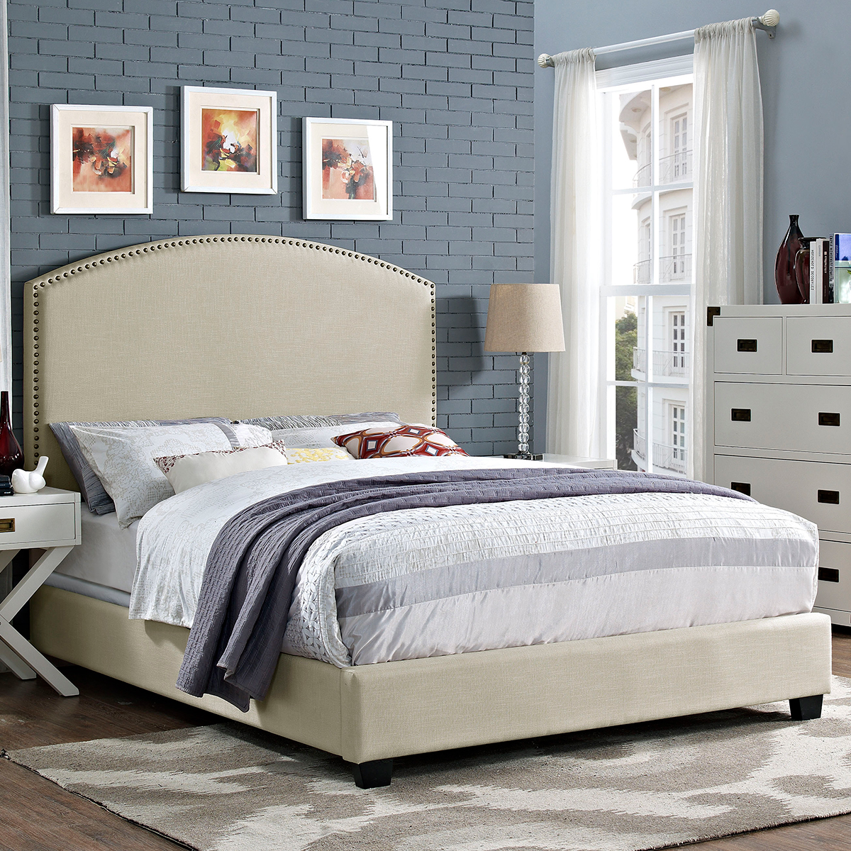 Kf705008cr Cassie Curved Upholstered Queen Bedset, Creme Linen