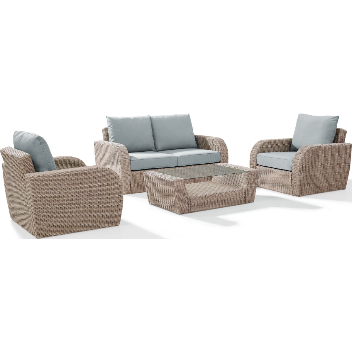 Ko70132wh-mi 4 Piece St. Augustine Outdoor Wicker Seating Set With Mist Cushion - Loveseat, Two Chairs, Coffee Table