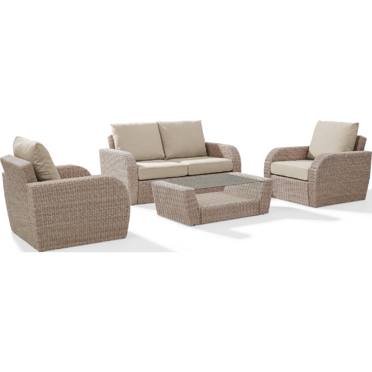 Ko70132wh-ol 4 Piece St. Augustine Outdoor Wicker Seating Set With Oatmeal Cushion - Loveseat, Two Chairs, Coffee Table
