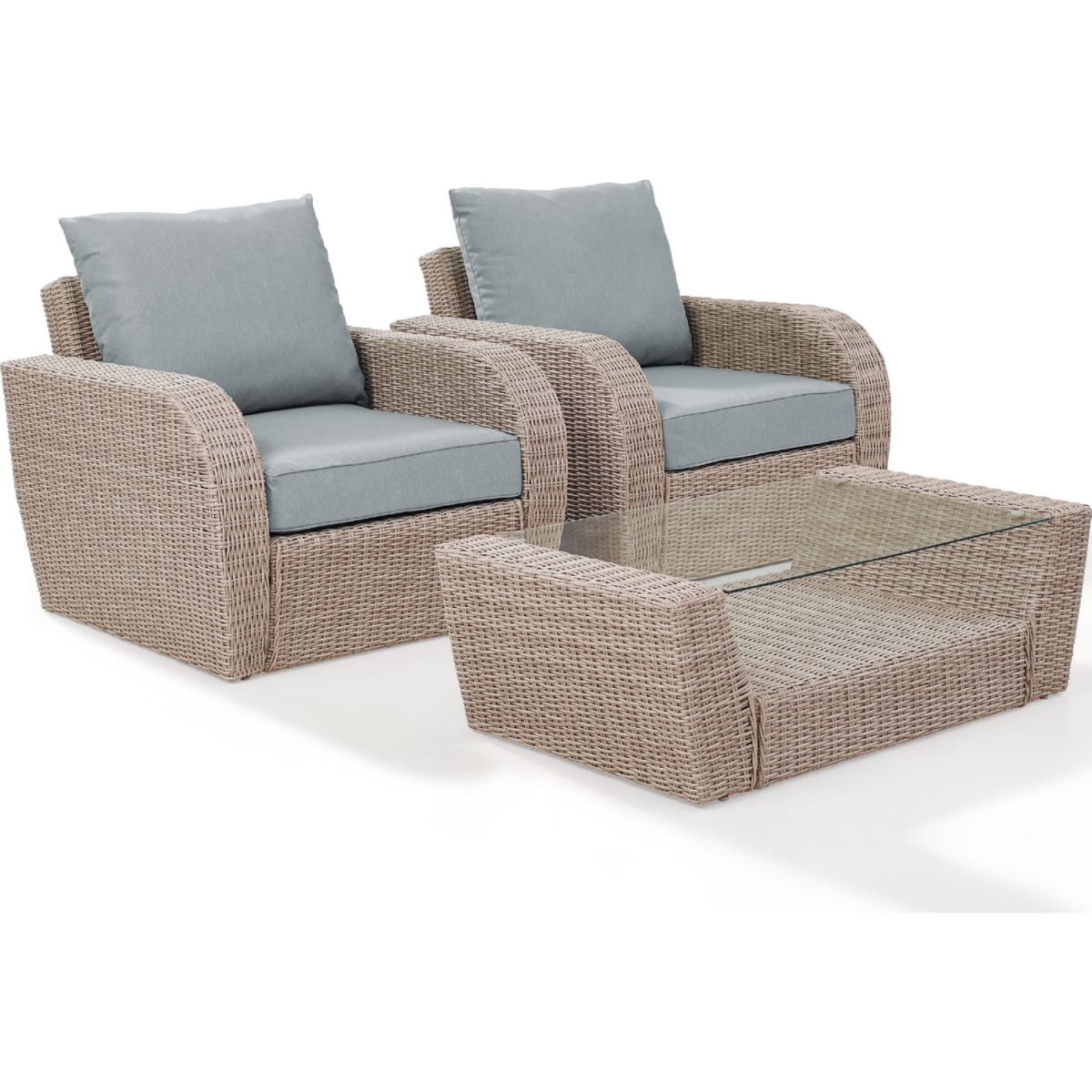 Ko70135wh-mi 3 Piece St. Augustine Outdoor Wicker Seating Set With Mist Cushion - Two Outdoor Wicker Chairs, Coffee Table