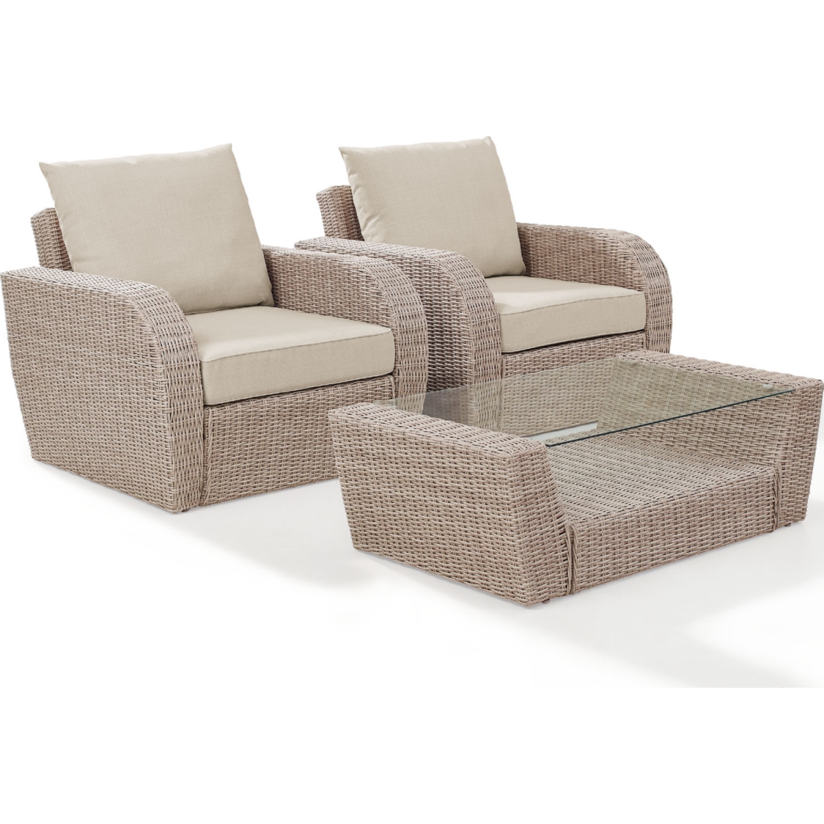 Ko70135wh-ol 3 Piece St. Augustine Outdoor Wicker Seating Set With Oatmeal Cushion - Two Outdoor Wicker Chairs, Coffee Table