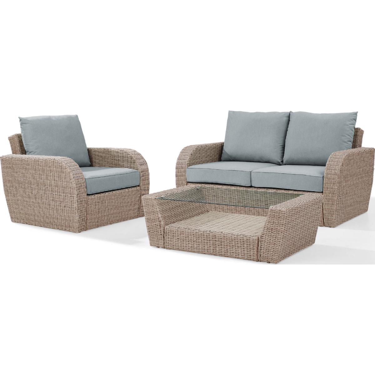 Ko70137wh-mi 3 Piece St. Augustine Outdoor Wicker Seating Set With Mist Cushion - Loveseat, Arm Chair, Coffee Table