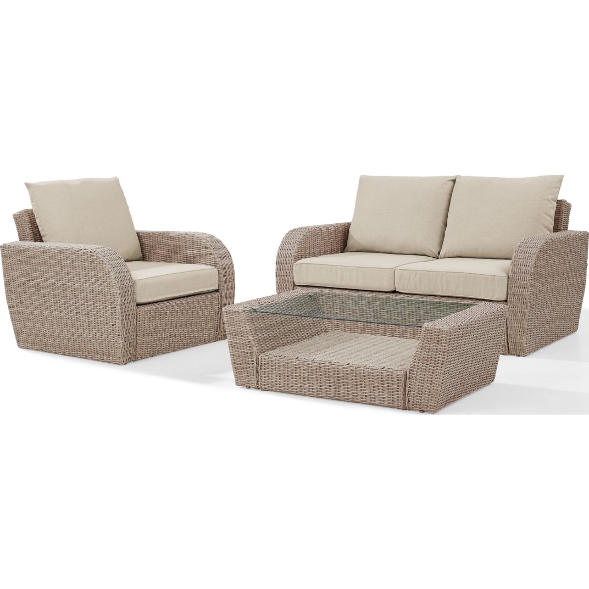 Ko70137wh-ol 3 Piece St. Augustine Outdoor Wicker Seating Set With Oatmeal Cushion - Loveseat, Arm Chair, Coffee Table