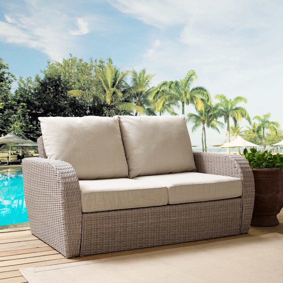 Ko70142wh-ol St. Augustine Outdoor Wicker Loveseat, Weathered White With Universal Oatmeal Cushion
