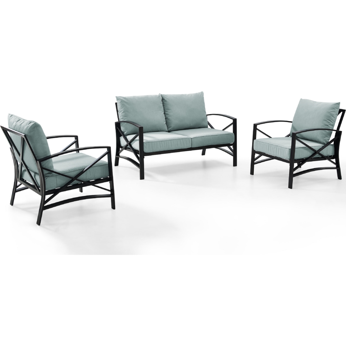 3 Piece Kaplan Outdoor Seating Set With Mist Cushion - Loveseat, Two Kaplan Outdoor Chairs