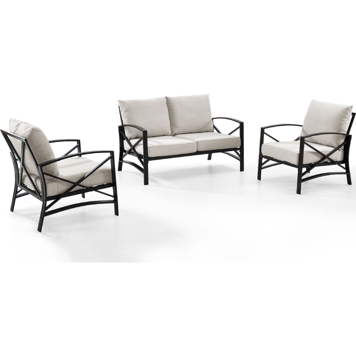 3 Piece Kaplan Outdoor Seating Set With Oatmeal Cushion - Loveseat, Two Kaplan Outdoor Chairs