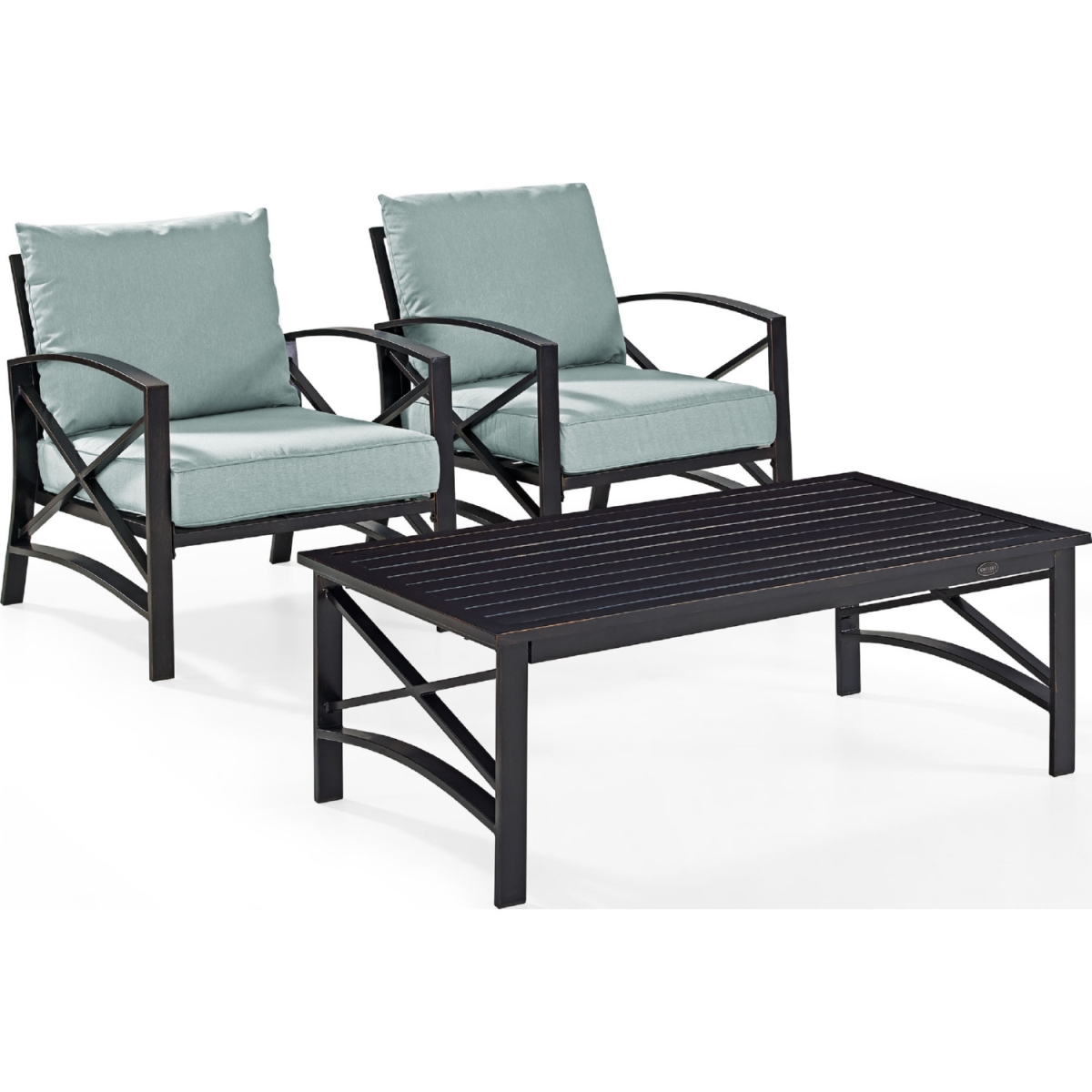 3 Piece Kaplan Outdoor Seating Set With Mist Cushion - Two Kaplan Outdoor Chairs, Coffee Table