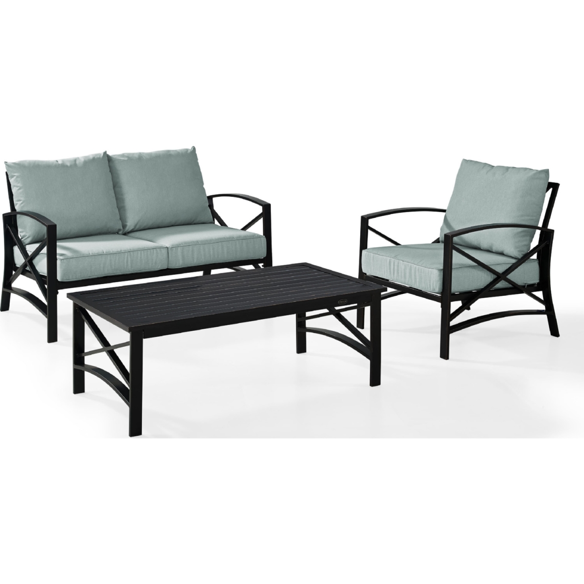 Ko60014bz-mi 3 Piece Kaplan Outdoor Seating Set With Mist Cushion - Loveseat, Chair, Coffee Table