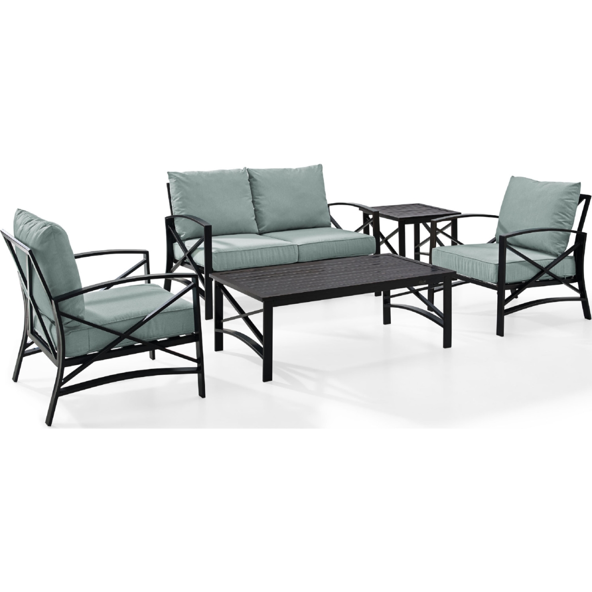 Ko60015bz-mi 5 Piece Kaplan Outdoor Seating Set With Mist Cushion - Loveseat, Two Chairs, Coffee Table, Side Table