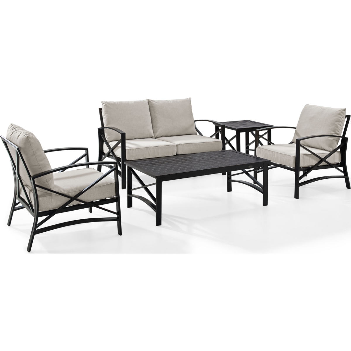 Ko60015bz-ol 5 Piece Kaplan Outdoor Seating Set With Oatmeal Cushion - Loveseat, Two Chairs, Coffee Table, Side Table
