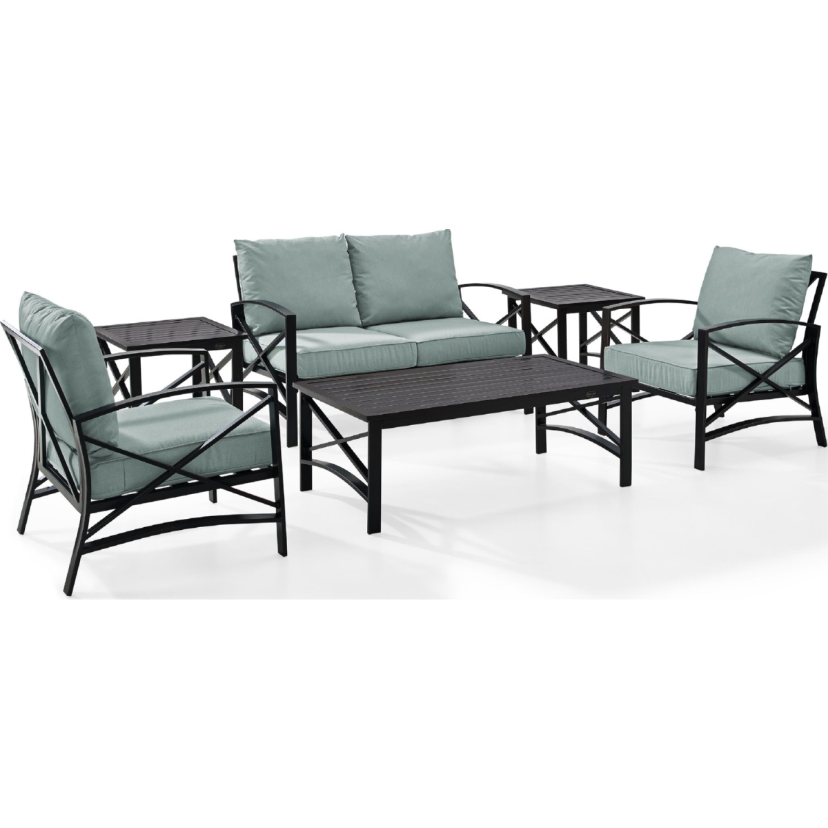 6 Piece Kaplan Outdoor Seating Set With Mist Cushion - Loveseat, Two Chairs, Two Side Tables, Coffee Table