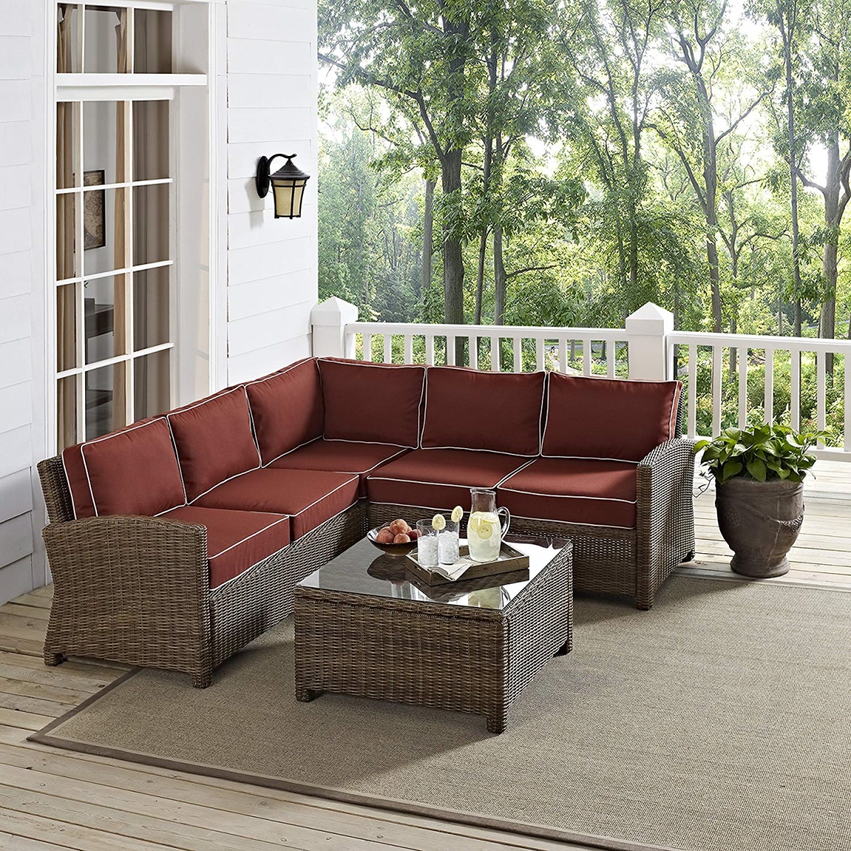 Ko70157-sg 4 Piece Bradenton Outdoor Wicker Seating Set With Sangria Cushions - Weathered Brown