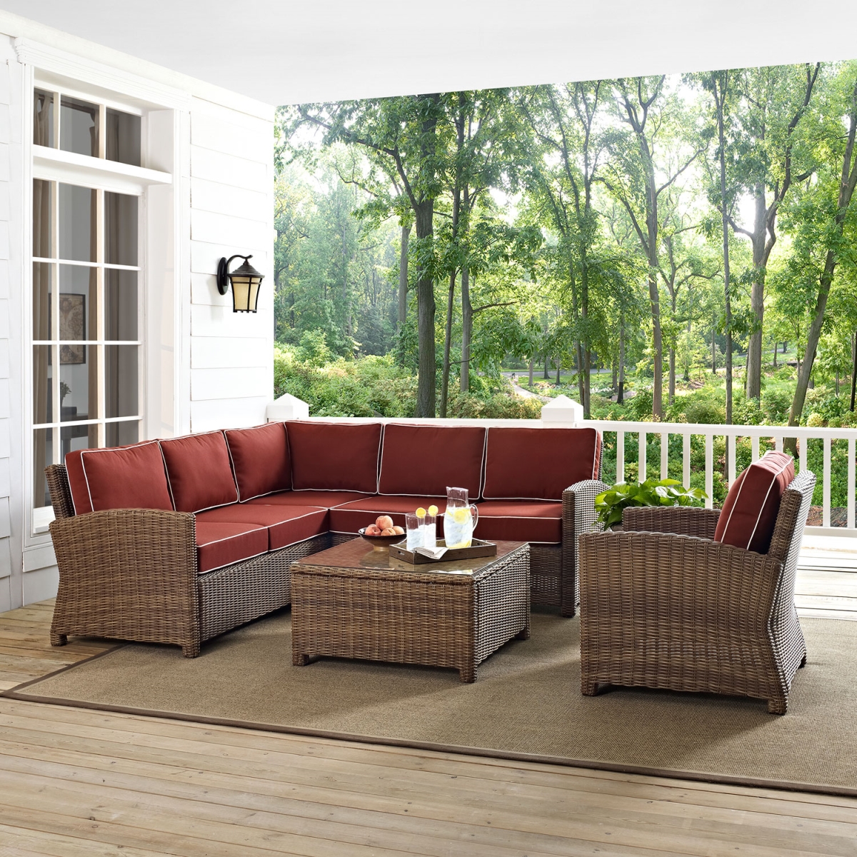 Ko70158-sg 5 Piece Bradenton Outdoor Wicker Seating Set With Sangria Cushions - Weathered Brown