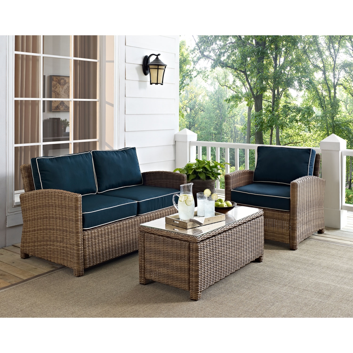Ko70165-nv 3 Piece Bradenton Outdoor Loveseat Wicker Seating Set With Navy Cushions - Weathered Brown
