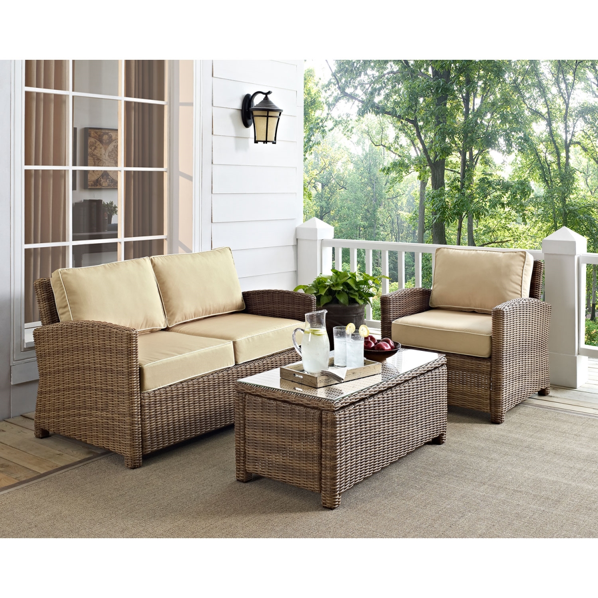 Ko70165-sa 3 Piece Bradenton Outdoor Loveseat Wicker Seating Set With Sand Cushions - Weathered Brown