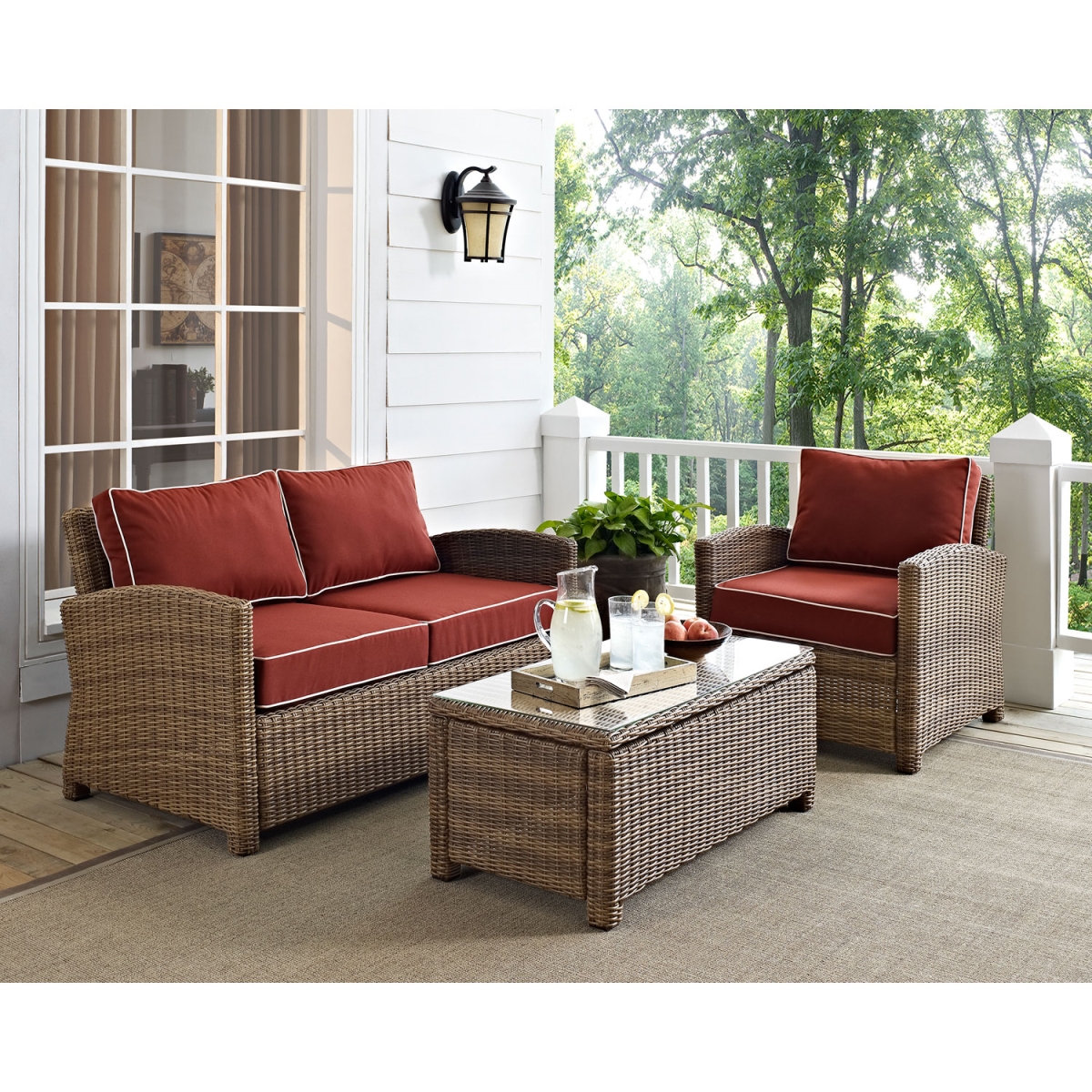 Ko70165-sg 3 Piece Bradenton Outdoor Loveseat Wicker Seating Set With Sangria Cushions - Weathered Brown