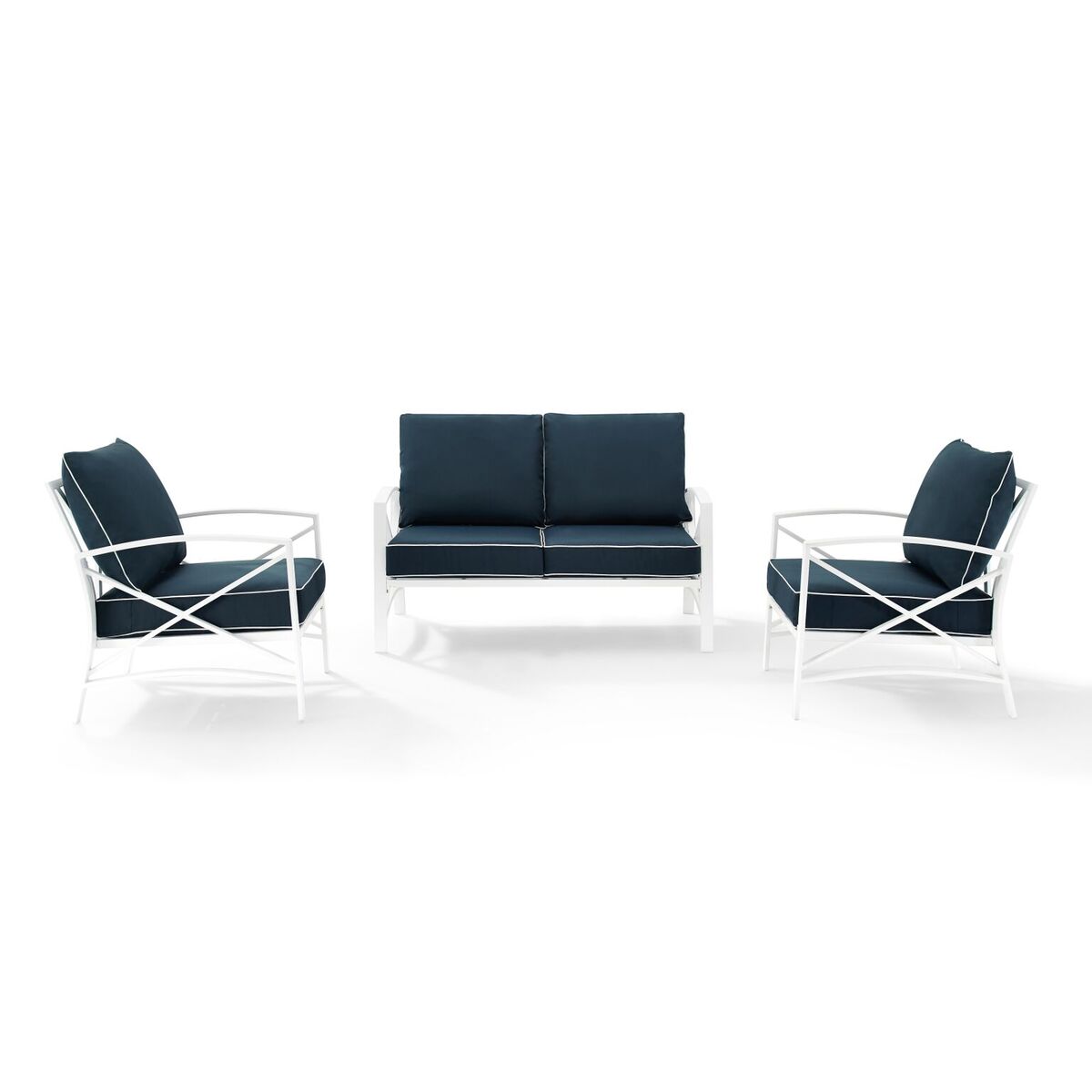 Ko60011wh-nv Kaplan 3-piece Outdoor Seating Set In White With Navy Cushions