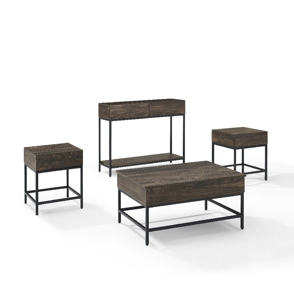 Kf13054br 4 Piece Jacobsen Coffee Table Set With Coffee, Console & 2 End Tables - Brown Ash & Matte Black