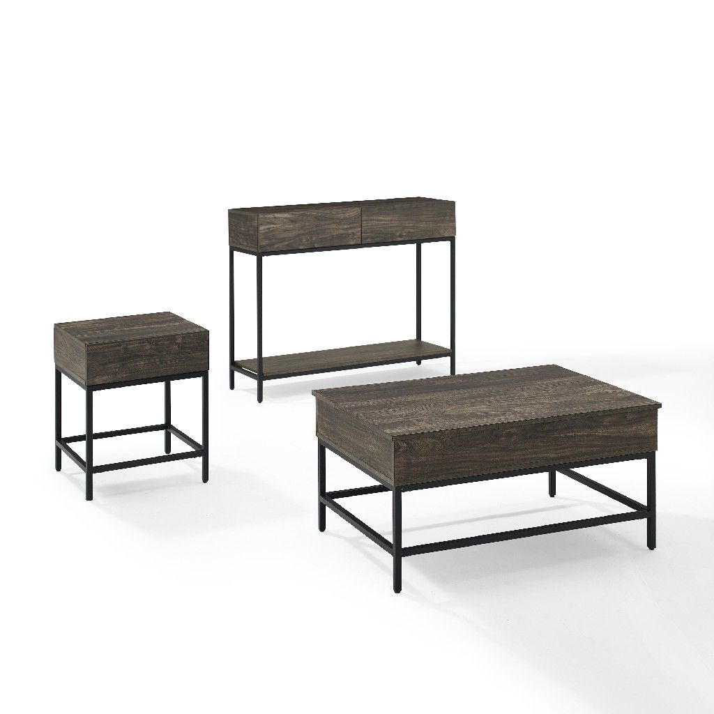 Kf13055br 3 Piece Jacobsen Coffee Table Set With Coffee, Console & End Table - Brown Ash & Matte Black