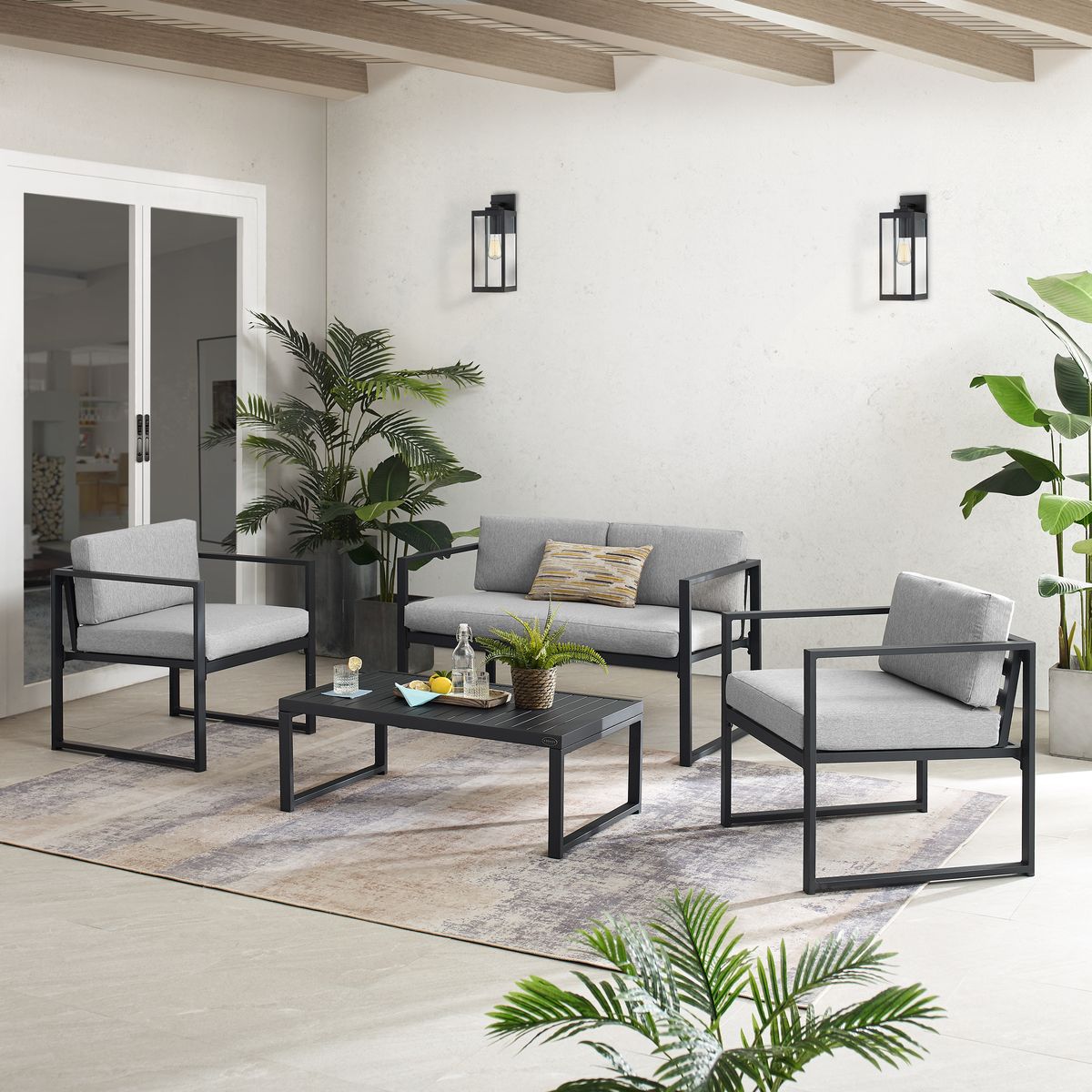 Co7902mb-gy Conversation Set, Gray & Matte Black - Loveseat, Coffee Table & 2 Chairs - 4 Piece