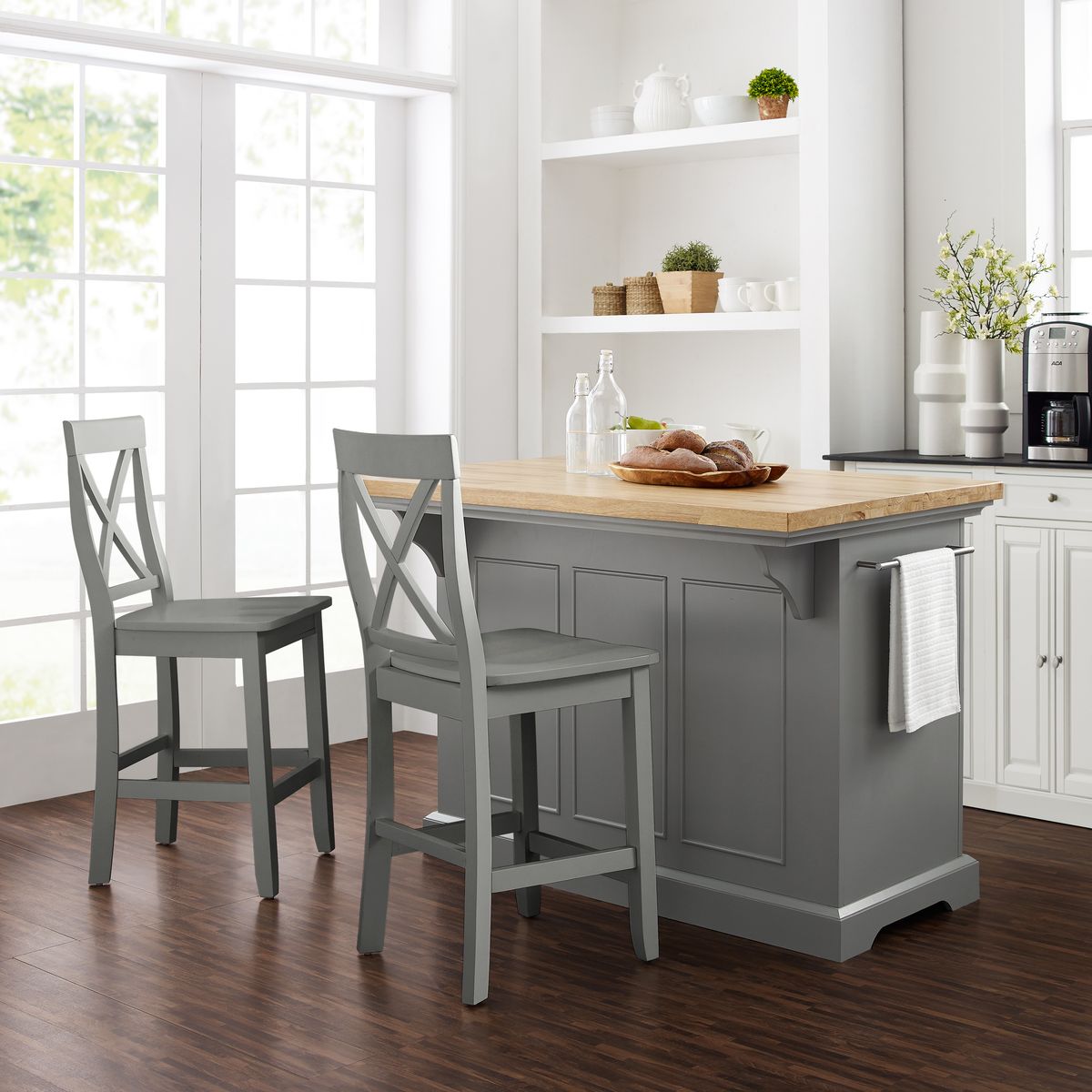 Picture of Crosley KF30067GY-GY Julia Wood Top Island & X-Back Stools for Islands & 2 Stools&#44; Gray