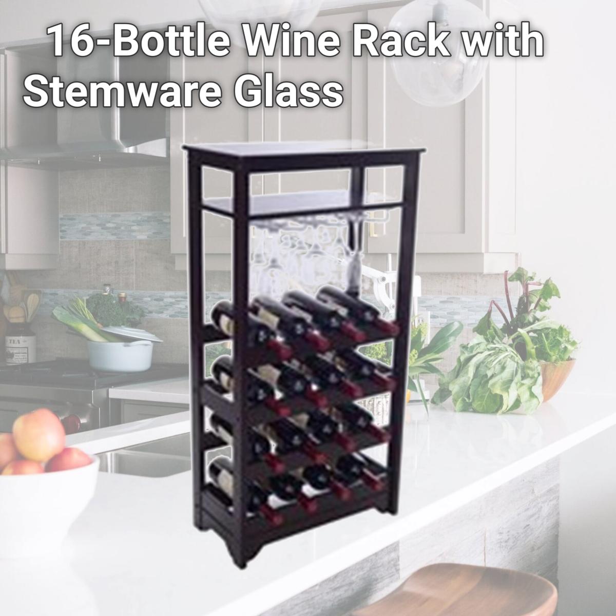 Picture of Merry Products WNR0011720800 16-Bottle Wine Rack with Stemware Glass