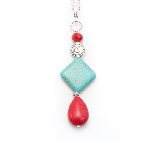 Silver Plate Single Headpin Necklace With Aqua & Red Beads