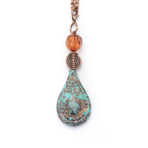 Antique Copper Single Headpin Necklace With Teardrop Patina & Amber Beads