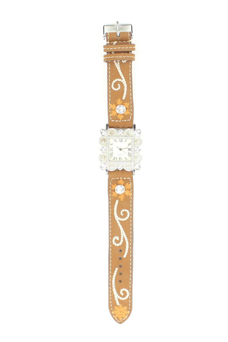 3103202 Womens Square Crystal & Floral Watch, Medium Brown Distressed