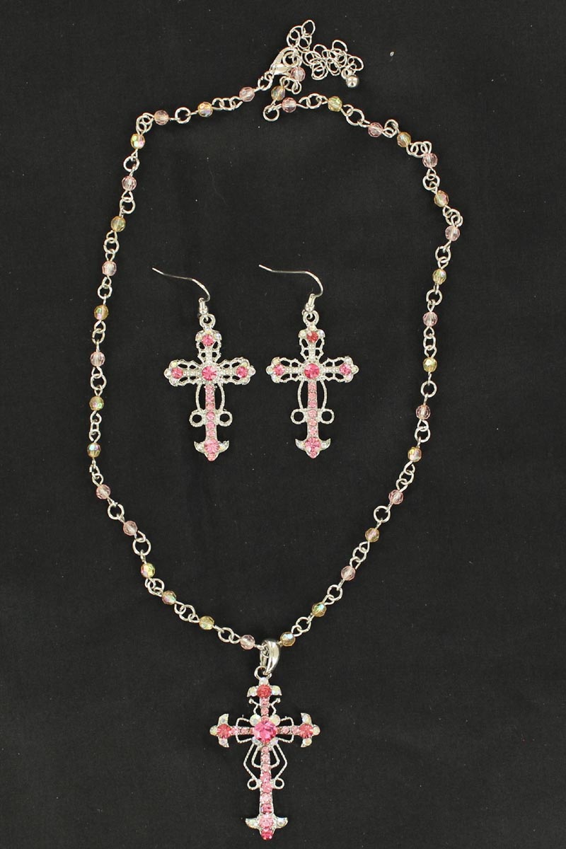 3030630 Beaded Cross Necklace & Earrings Set, Pink