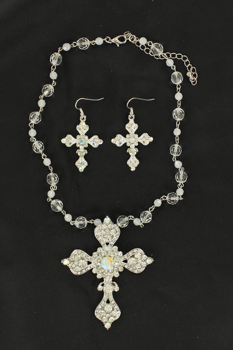 3030805 Crystal Cross Necklace & Earrings Set, White