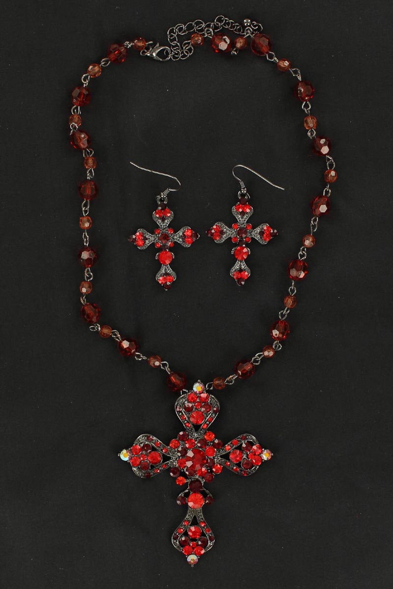 3030804 Crystal Cross Necklace & Earrings Set