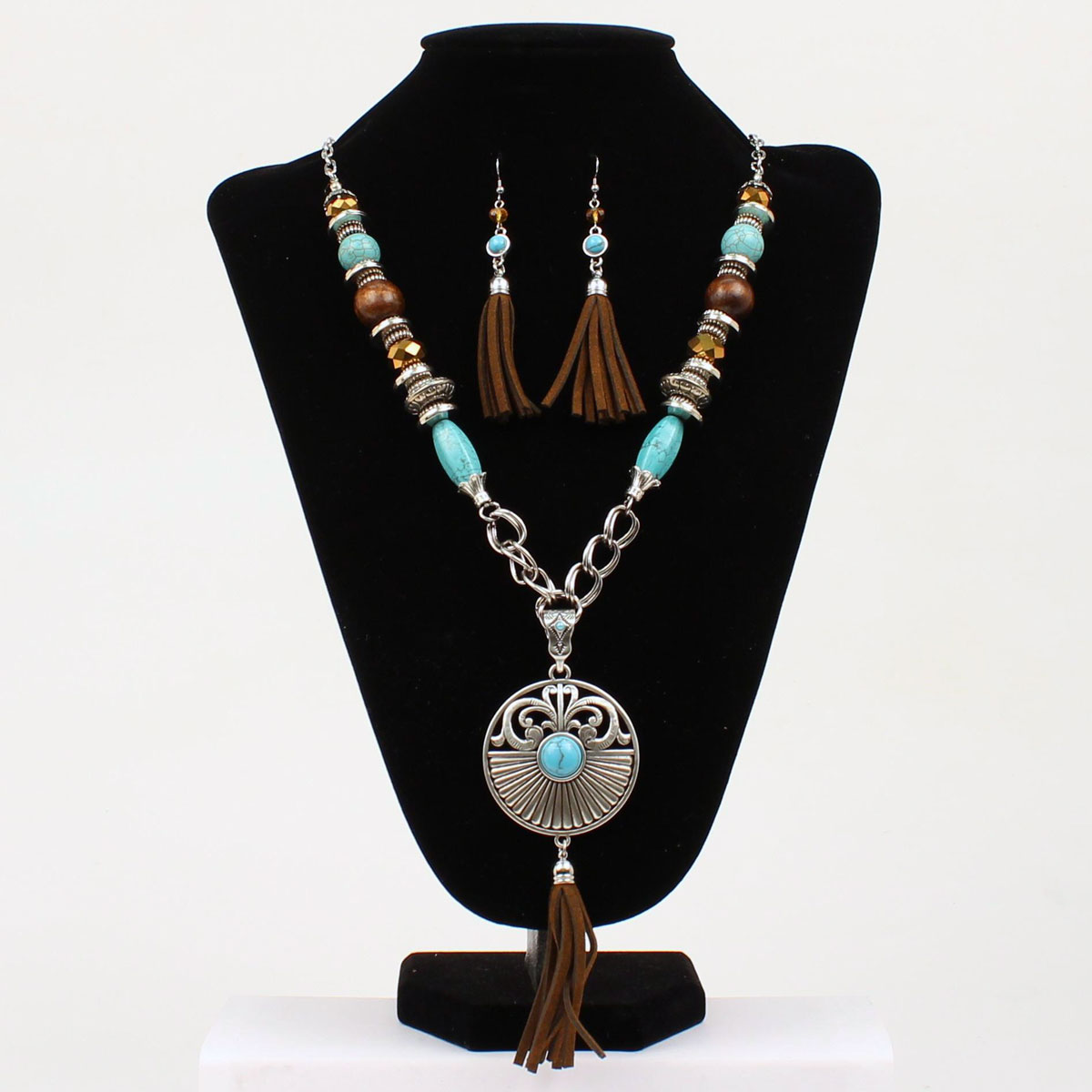 29088 Medallion Fringe Jewellery Set, Turquoise - Extra Large
