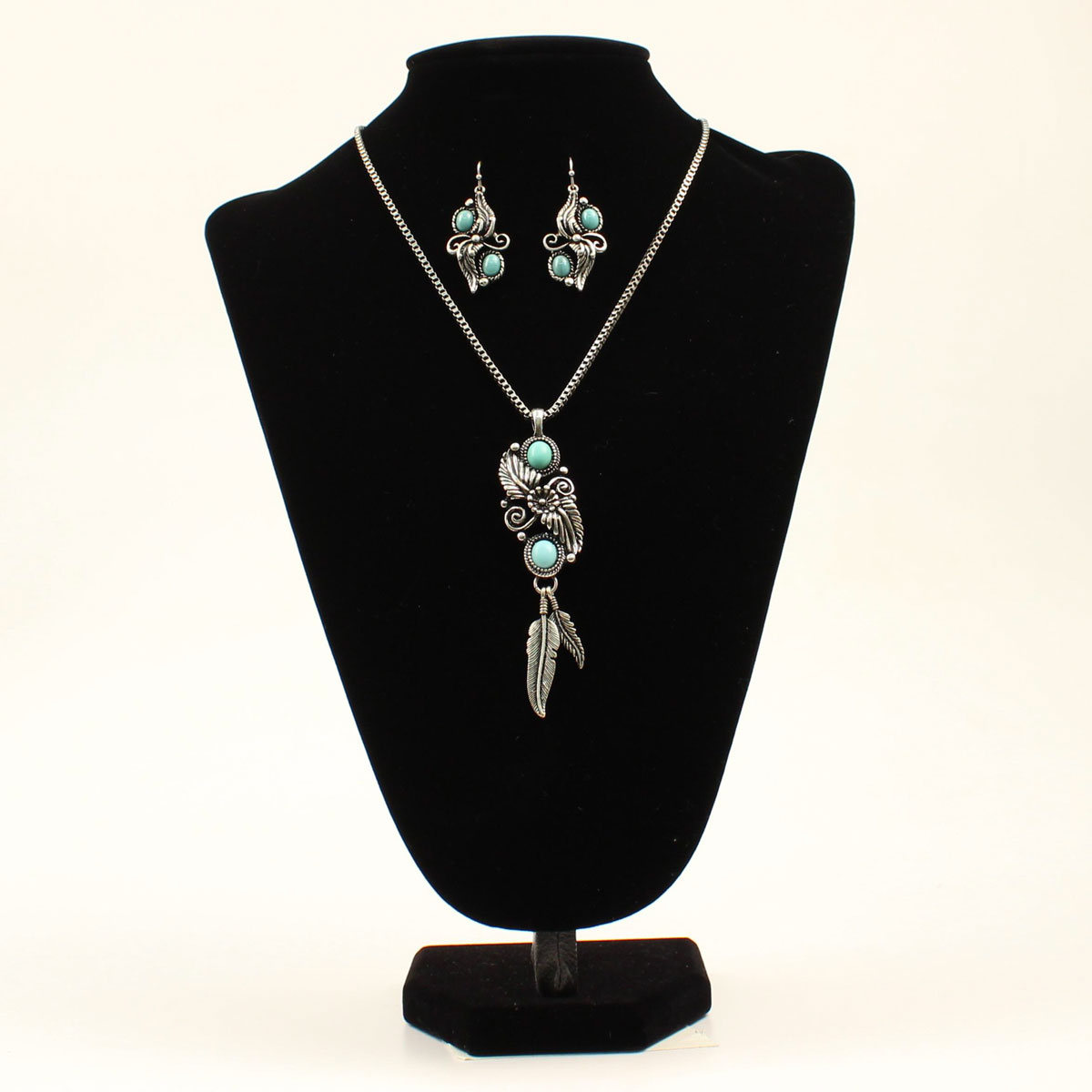 29140 Turquoise Stone Large Floral Design Pendant Necklace Set, Silver - 18.50 To 21.50 In.