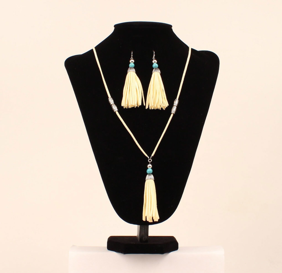 29234 Suede Strand Fringe Tassel Necklace Set, Turquoise & Silver Beads - 30.25 To 32 In.