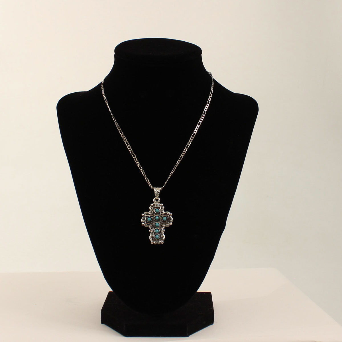 Dn159 Filigree Outline Cross Silver Strike Necklace, Silver With Turquoise - 1 X.75 In.
