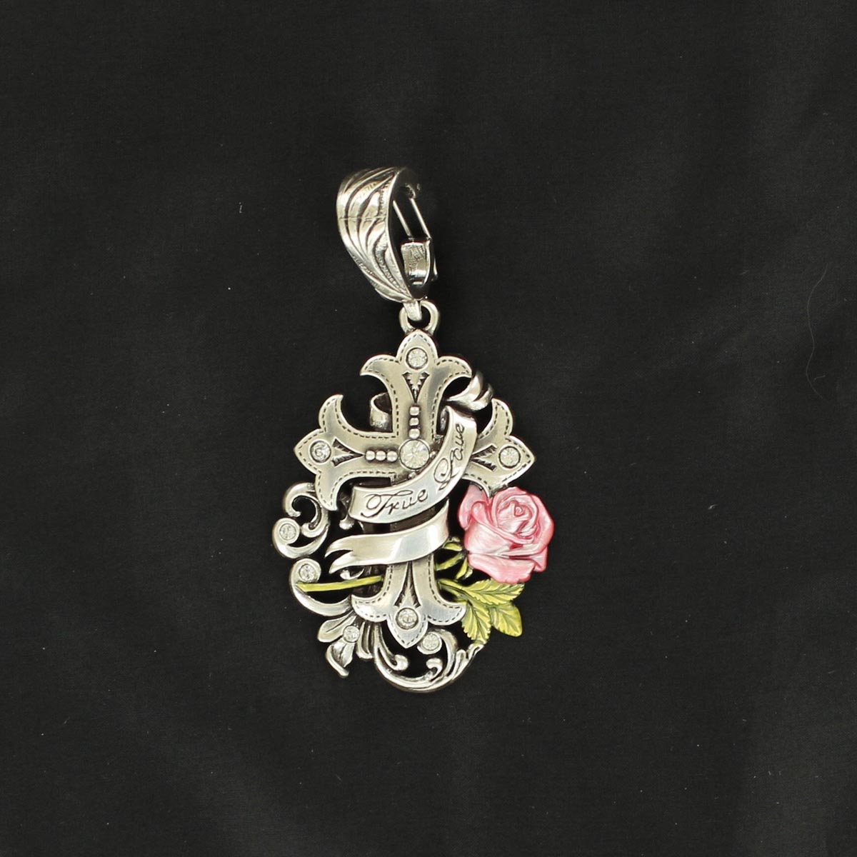 29548 Charm Cross With Banner & Rose Pendant, Silver