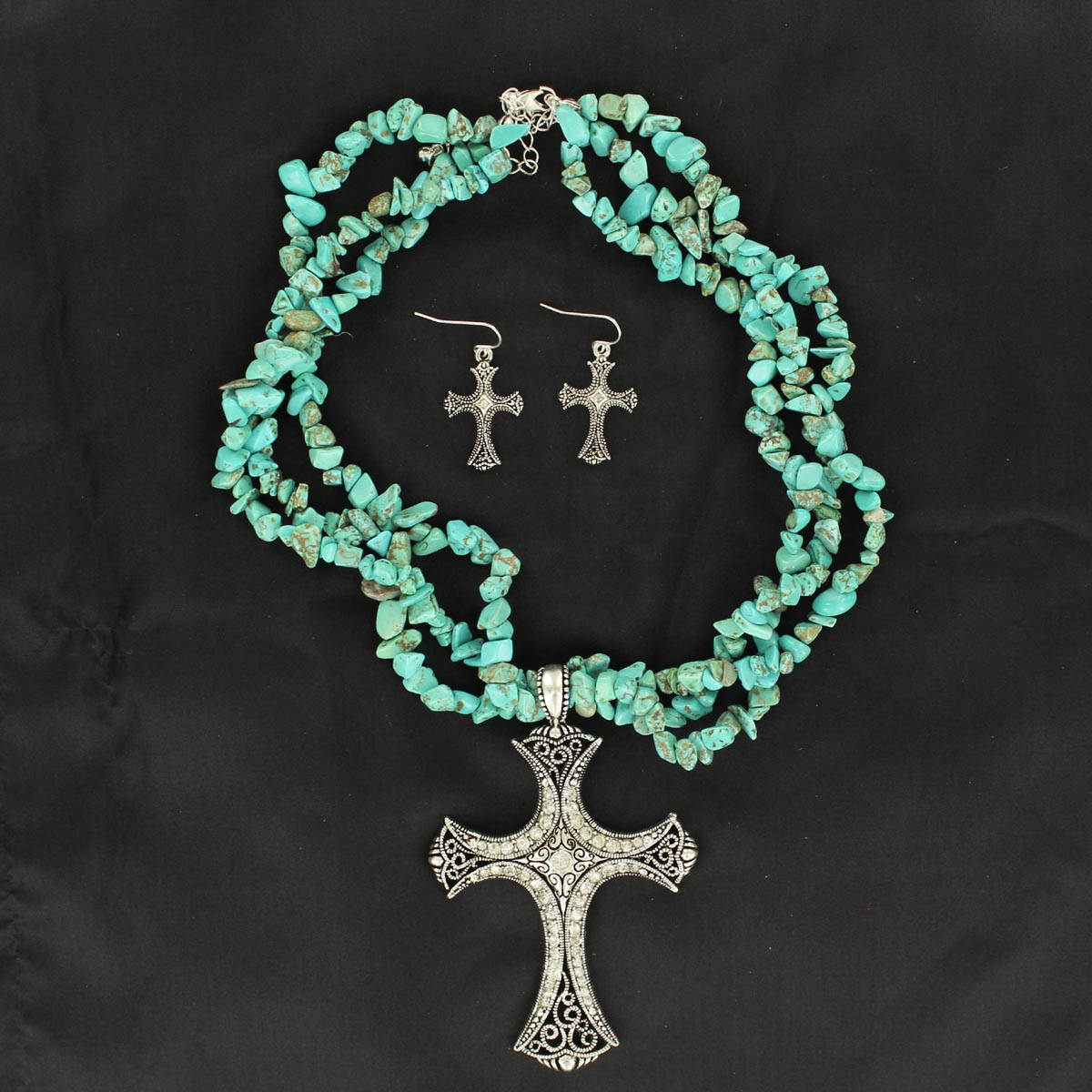 29736 3 Strand Cross Necklace & Earring Set, Turquoise - 18 To 20.50 In.
