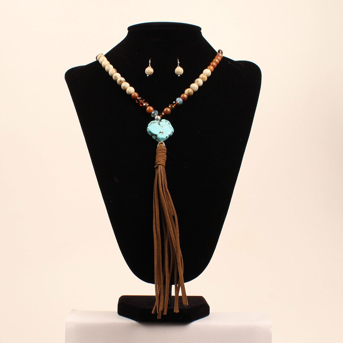 29942 Stone Beads Fringe Jewellery Set, Turquoise