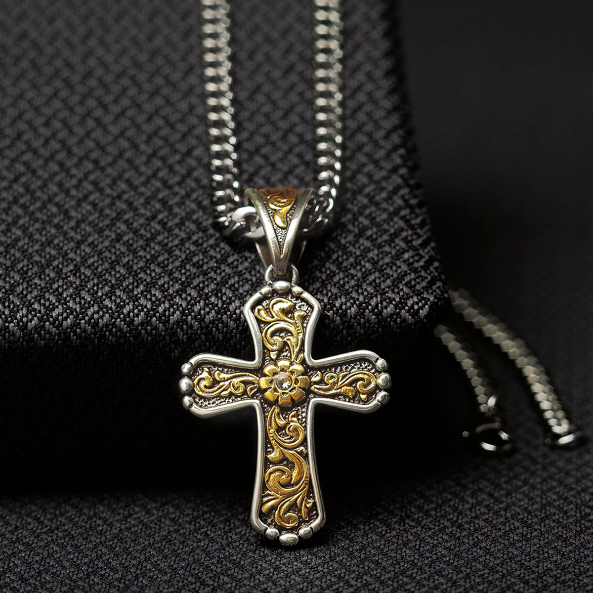 32120 Mens Floral Scrolled Cross Chain Necklace, Gold & Silver - 22 In.