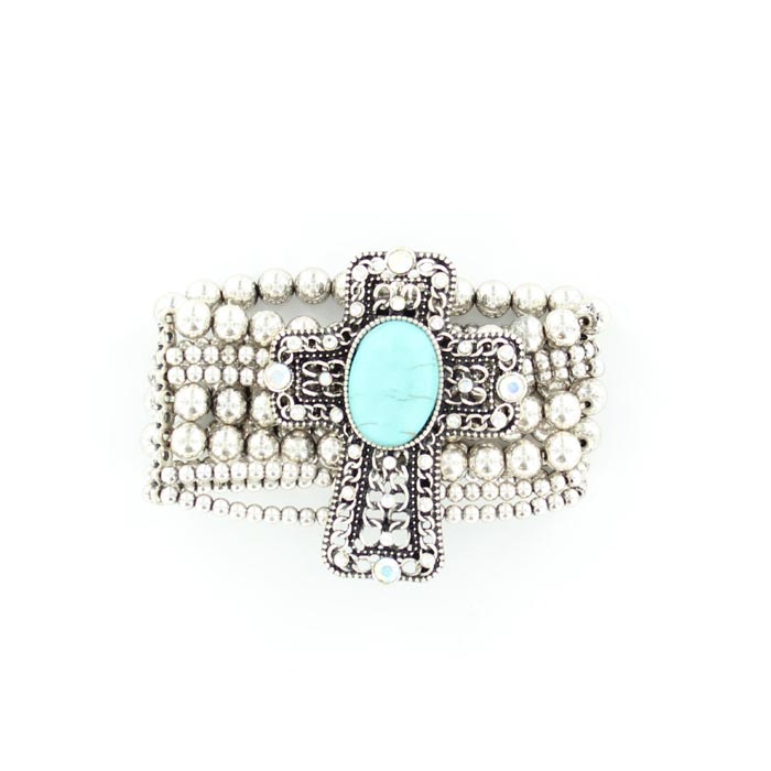 29228 Multi Strand Crystal Cross Bracelet, Turquoise