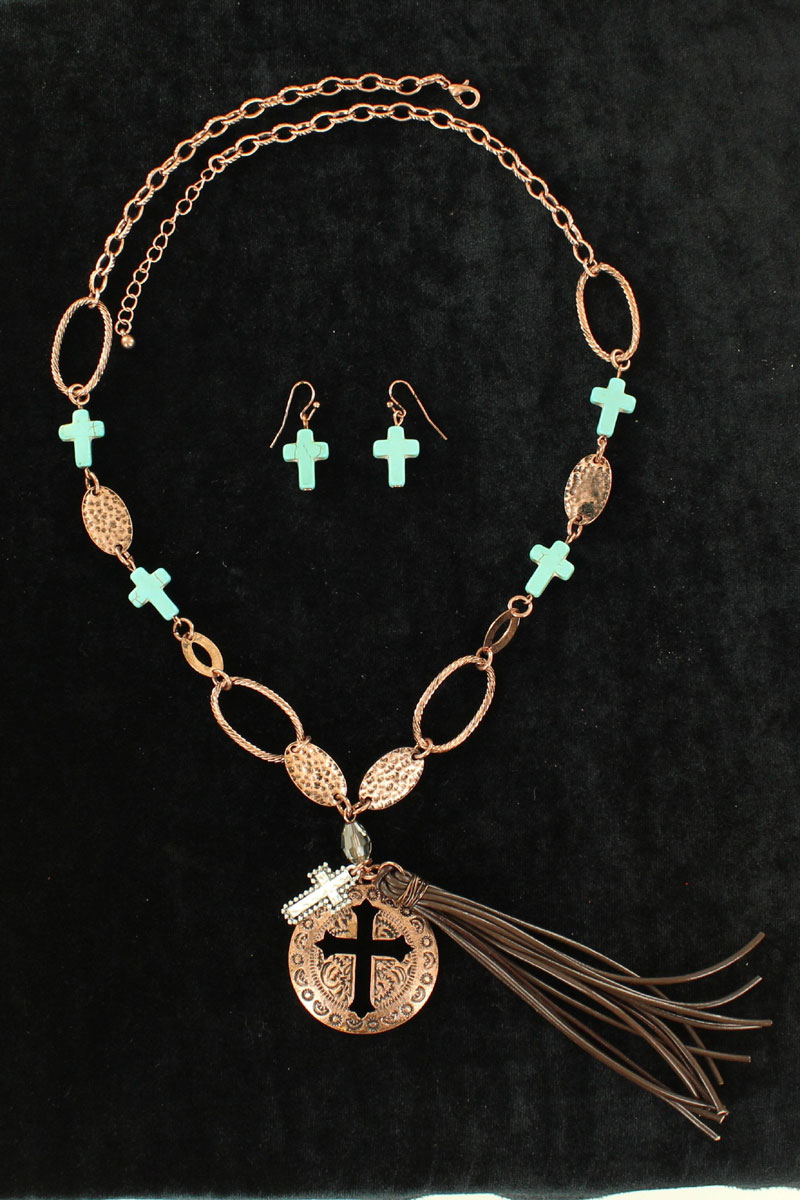 29962 Disc Multi Cross Fringe Necklace & Earrings Set, Turquoise & Copper Tone - Fits 24 To 26 In.