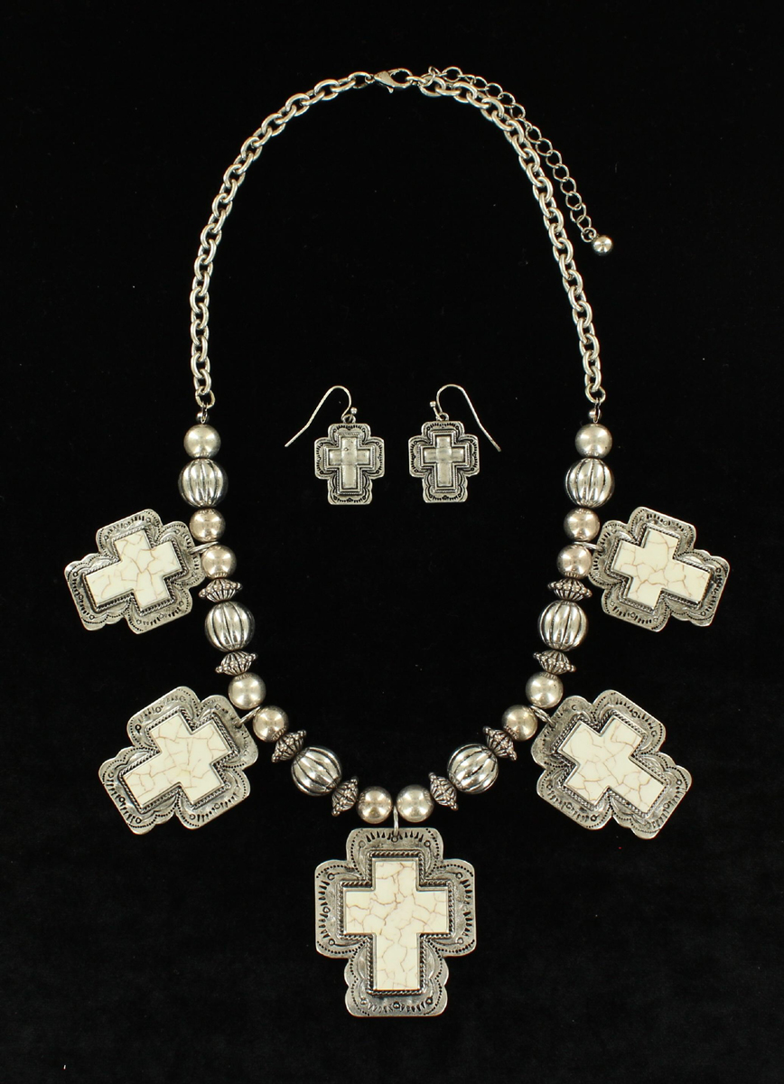 29023 Silver & Stone Crosses Beaded Necklace & Earrings Set, White - Fits 20 To 23 In.