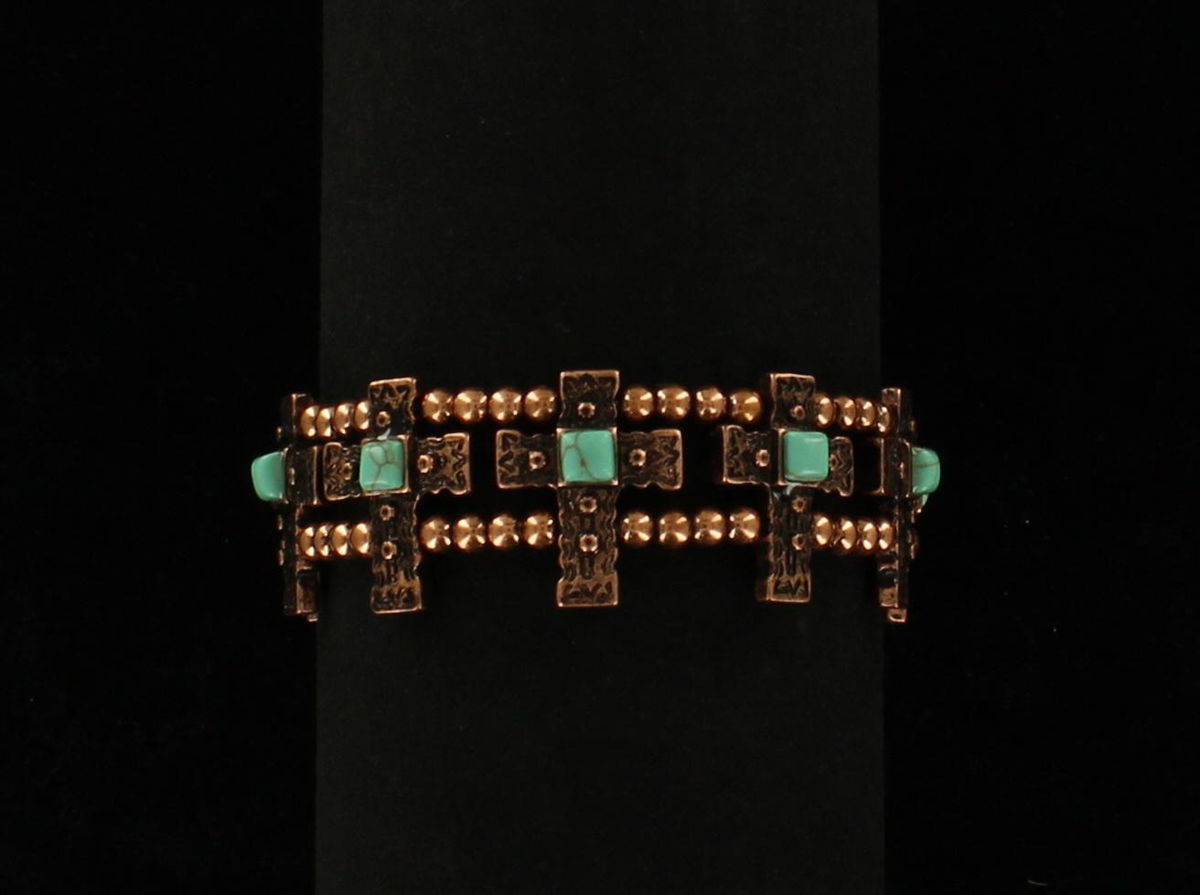 29029 Hammered Cross Beaded Bracelet, Copper & Turquoise